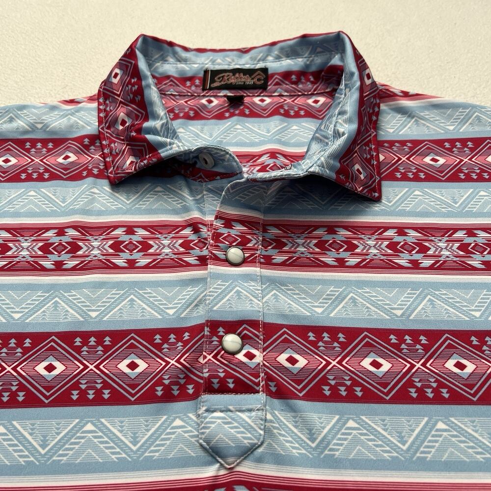 Rafter C Southwestern Red Blue Stripe Print Stretch Pearl Snap Polo Shirt XXL